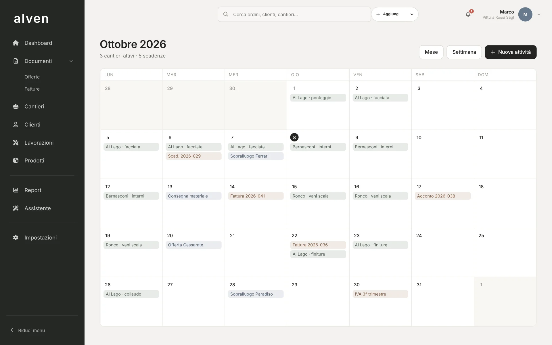 Calendario mensile con cantieri, attività e scadenze