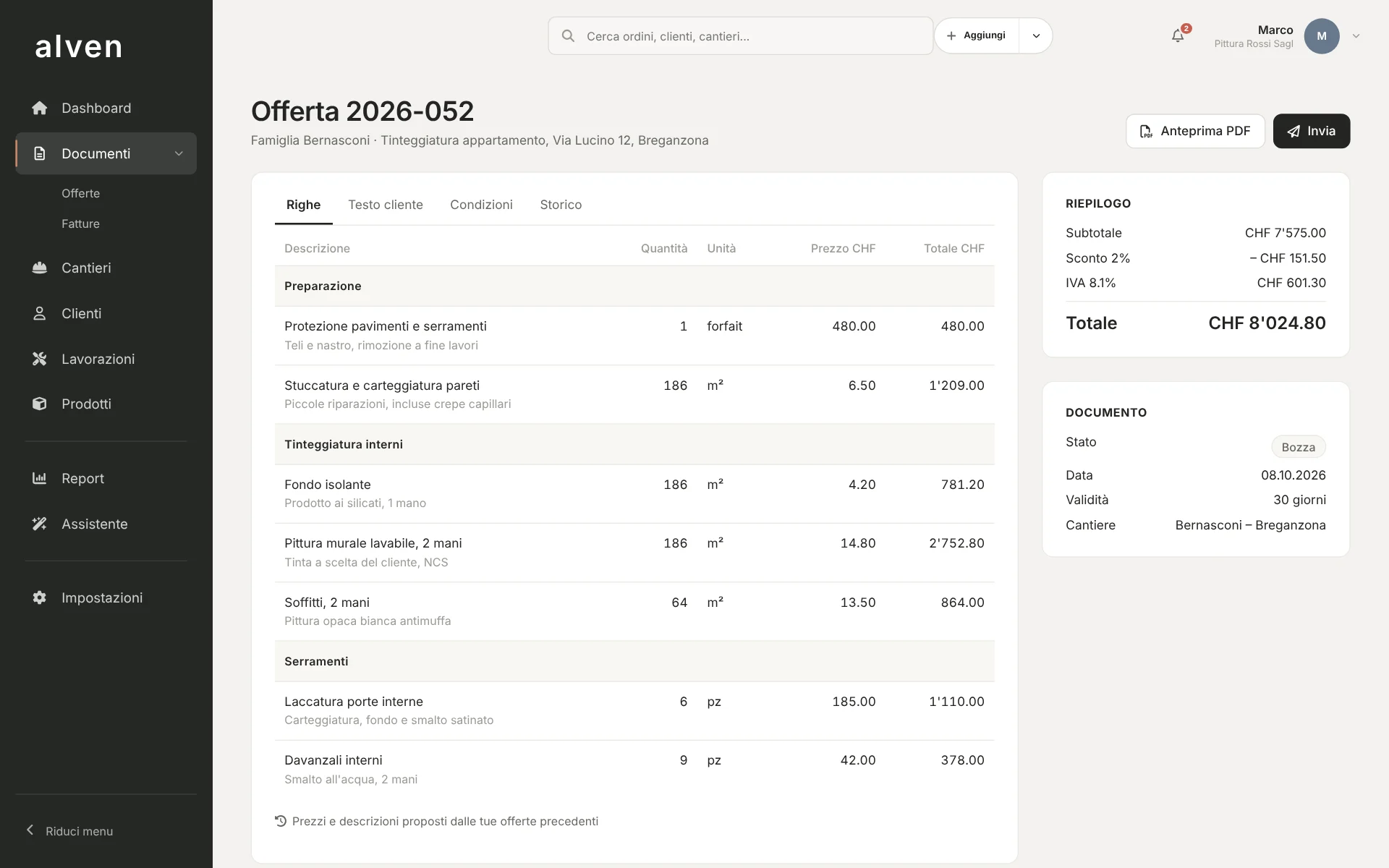 Offerta con capitoli, righe, quantità e prezzi, riepilogo con IVA